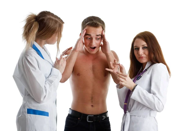 Two Nurses Young Male Patient White Background — Stock Photo, Image