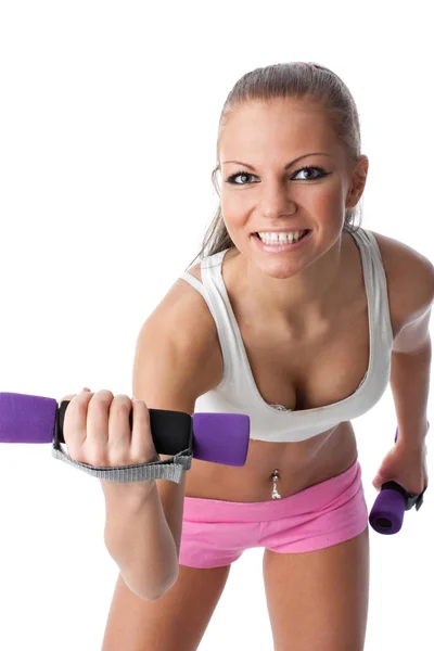 Hermosa Chica Deportiva Con Mancuernas Sobre Fondo Blanco Formación — Foto de Stock