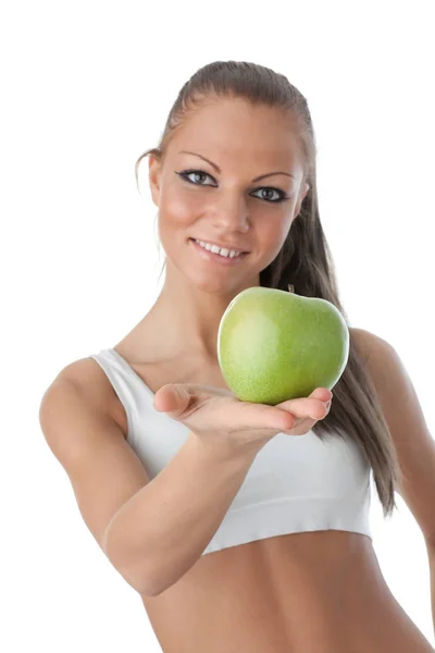 Joven Chica Hermosa Con Manzana Las Manos Sobre Fondo Blanco — Foto de Stock