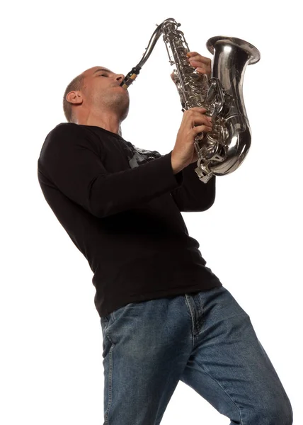 Hombre Con Saxofón Fondo Blanco — Foto de Stock