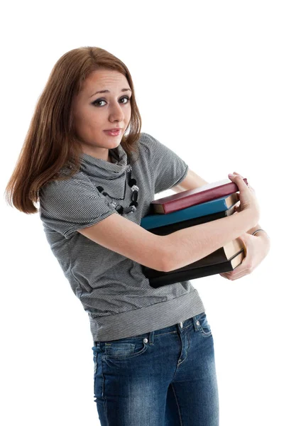 Ελκυστικός Μαθητής Στέκεται Βιβλία Λευκό Φόντο Μαθητής — Φωτογραφία Αρχείου