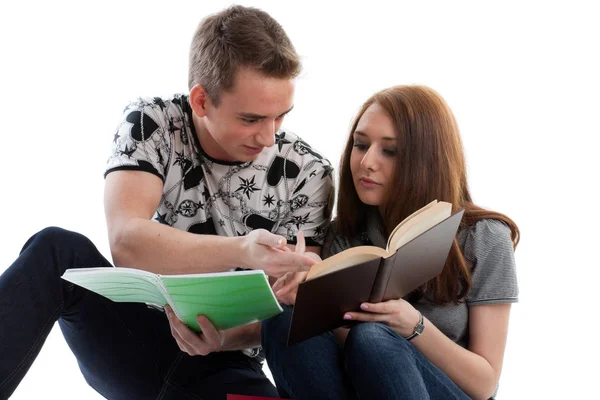 Dos Estudiantes Preparan Para Examen Fondo Blanco — Foto de Stock