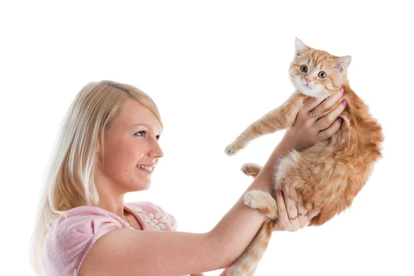 Happy Young Woman Small Amusing Kitten White Background — Stock Photo, Image