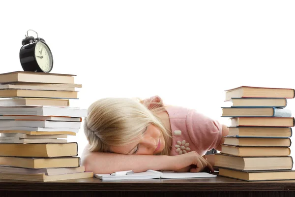 Mujer Joven Estresada Durmiendo Escritorio Oficina — Foto de Stock