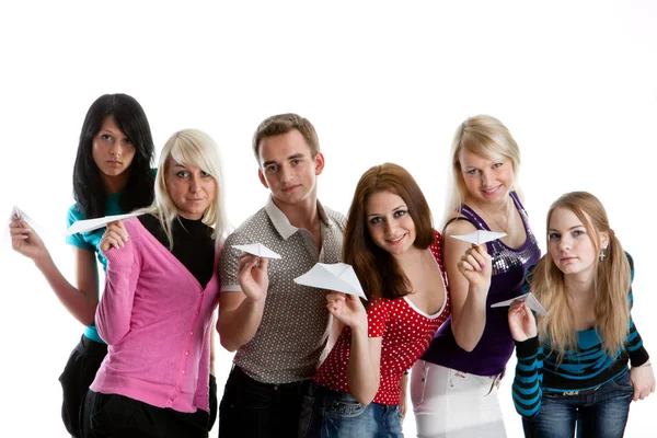 Gruppe Junger Glücklicher Menschen Mit Papierfliegern Auf Weißem Hintergrund — Stockfoto