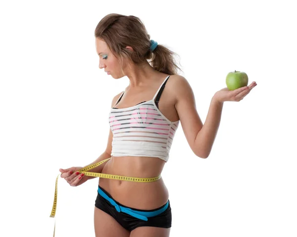 Beautiful Girl Apple Measures Waist White Background Healthy Lifestyles Concept — Stock Photo, Image