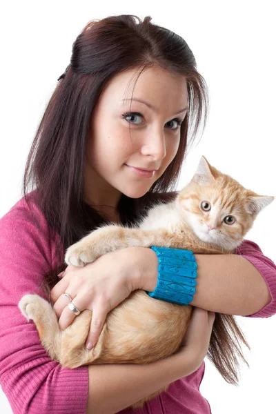 Happy Young Woman Small Amusing Kitten White Background — Stock Photo, Image