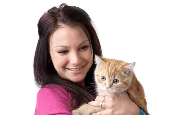 Happy Young Woman Small Amusing Kitten White Background — Stock Photo, Image