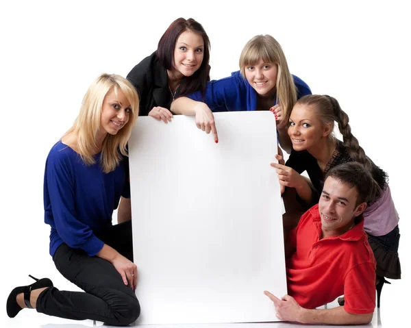 Group Young People Holds Empty Board Text White Background — Stock Photo, Image