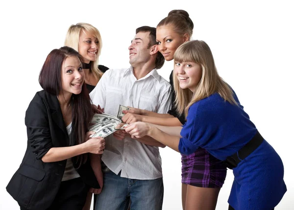 Group Young Beautiful Women Take Money Man White Background — Stock Photo, Image