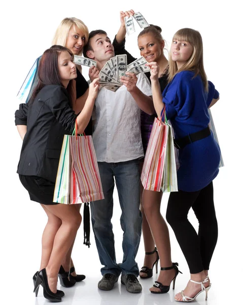 Group Young Beautiful Women Shopping Bags Take Money Man White — Stock Photo, Image