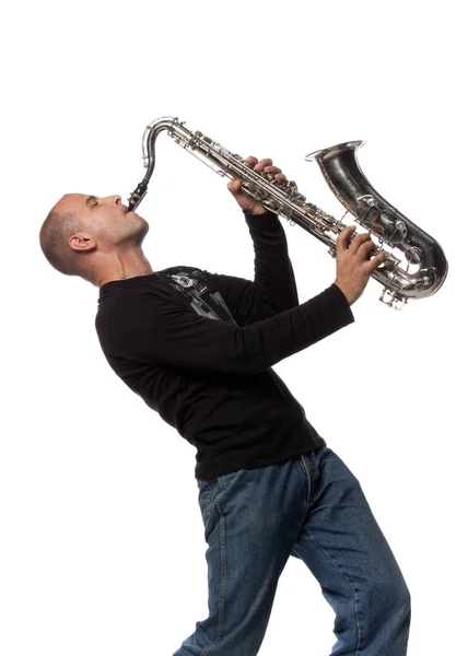 Hombre Con Saxofón Fondo Blanco —  Fotos de Stock