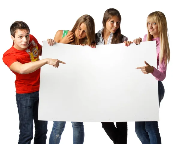 Group Young People Holds Empty Board Text White Background — Stock Photo, Image