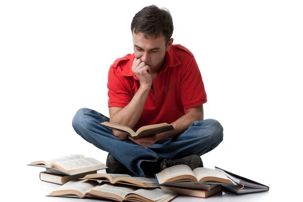 Inteligente Joven Sentado Con Libros Fondo Blanco —  Fotos de Stock