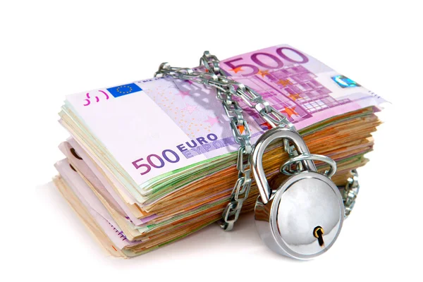 Big Pile Euro Bank Notes Chained Padlock Isolated White — Stock Photo, Image