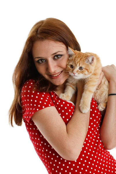 Happy Young Woman Small Amusing Kitten White Background Royalty Free Stock Images