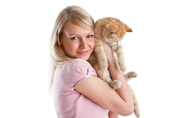 Happy Young Woman Small Amusing Kitten White Background Stock Photo