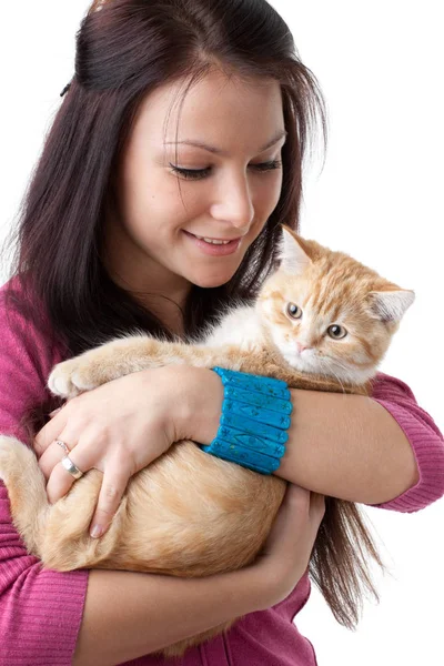 Happy Young Woman Small Amusing Kitten White Background Stock Picture