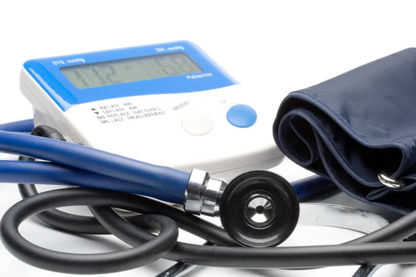 Azul Moderno Stethoscopio Monitor Presión Sobre Fondo Blanco —  Fotos de Stock