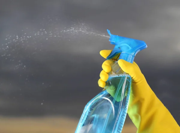 Cleaning House Young Man Protective Gloves Holding Spray Bucket — Stock Photo, Image
