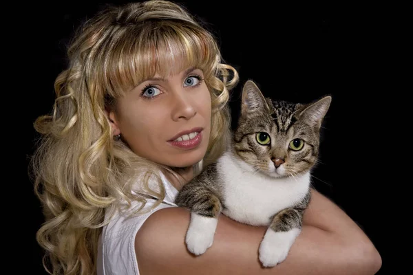 Portrait Woman Cat — Stock Photo, Image