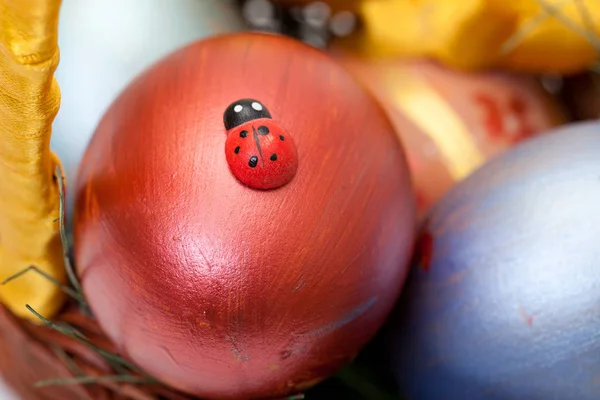 Ladybug Painted Easter Eggs Basket Closeup — Stock Photo, Image