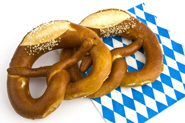 Two Pretzels Ready Salt Bavarian Napkin White Background — Stock Photo, Image