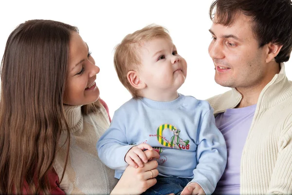 Fiatal Szülők Édes Kisbabával Fehér Háttérrel Boldog Család — Stock Fotó