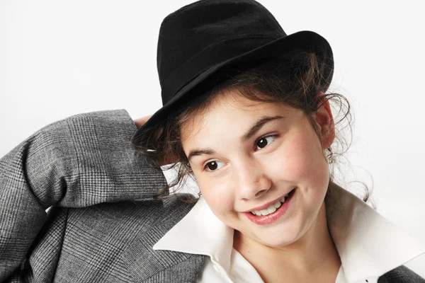 Funny Teenage Girl Black Hat Suit Close Light Background — Stock Photo, Image