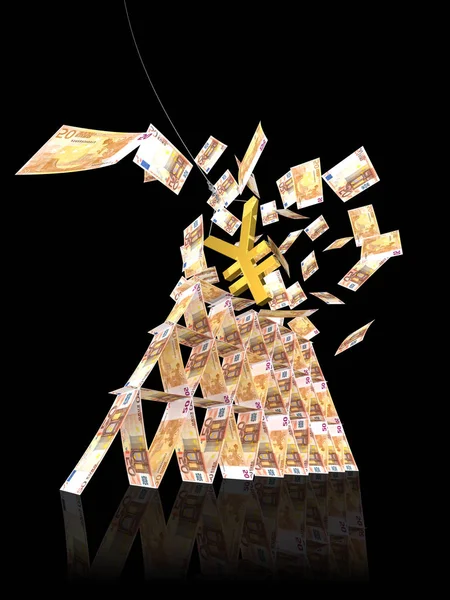 Euro Torre Colapso Yen Símbolo Huelga Sobre Fondo Negro —  Fotos de Stock