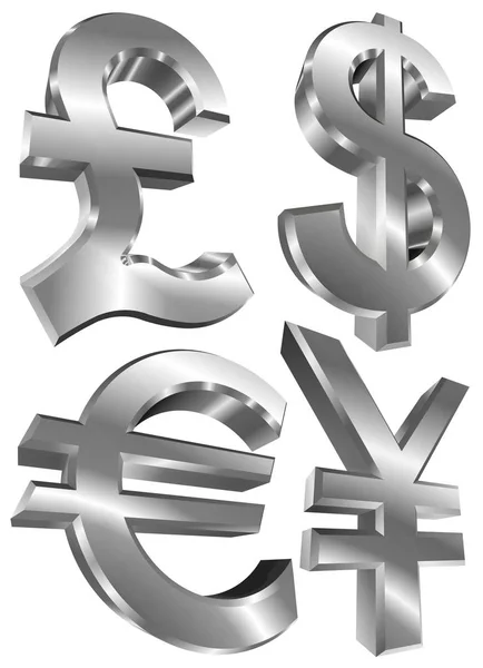 Pund Dollar Euro Och Yen Metall Symboler Isolerad Vit Bakgrund — Stockfoto