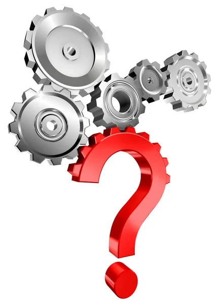 Red Question Mark Metal Cogs Concept Image Isolated White Background — Stock Photo, Image