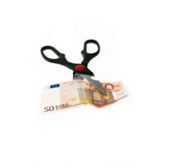 Opened Stainless Scissors Cutting Euro Bill Crisis Methaphore Closeup Isolated — Stock Photo, Image