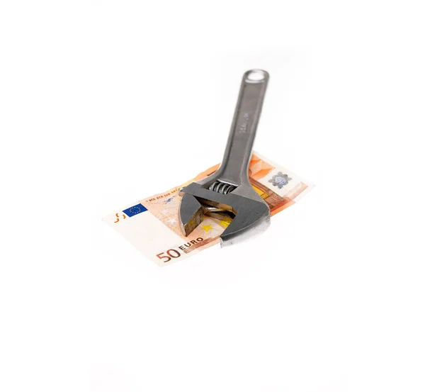 Moersleutel Hulpprogramma Vaststelling Euro Bill Geïsoleerd Witte Achtergrond Close — Stockfoto