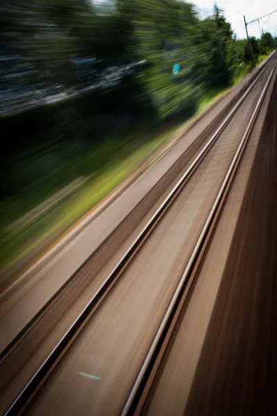 Railroad Seen Fast Moving Train Motion Blurred Image Stock Picture