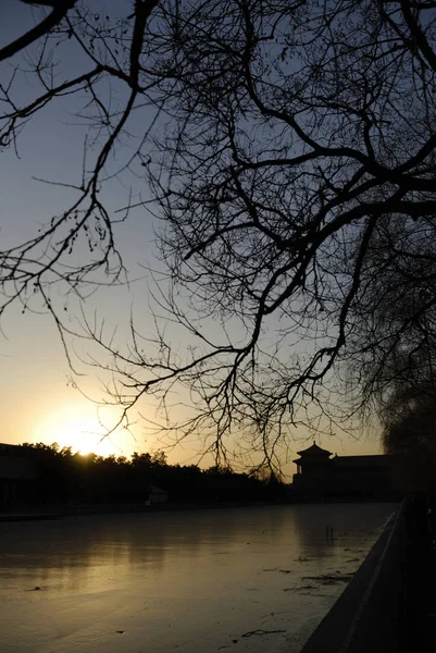 Sonnenuntergang Wassergraben Der Verbotenen Stadt Peking China — Stockfoto