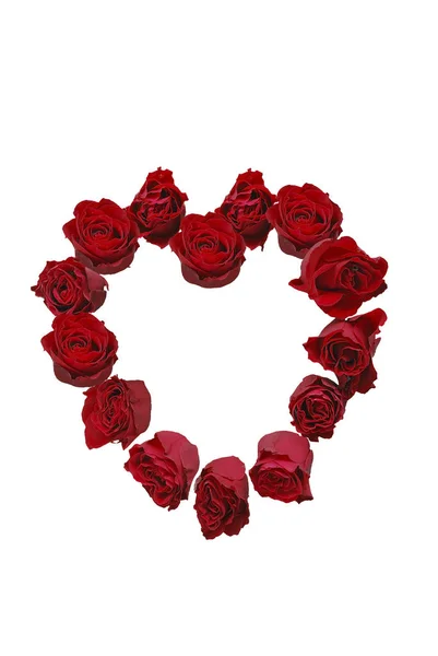 Forma Corazón Hecha Flores Rosas Rojas Aisladas Sobre Fondo Blanco —  Fotos de Stock