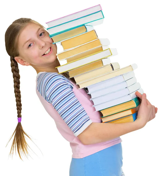 Mädchen Das Schulmädchen Mit Dem Großen Stapel Bücher Der Hand — Stockfoto