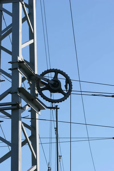 Kabelspannrad Une Ligne Aérienne Haute Tension Eletrischen Système Ferroviaire — Photo