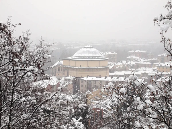 Церковь Гран Мадре Турине Италия Зимний Вид Снегом — стоковое фото