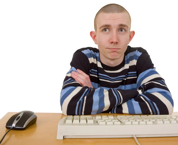 Young Man Sitting Table Keyboard — Stock Photo, Image
