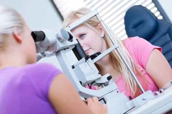 Optometry Concept Pretty Young Female Patient Having Her Eyes Examined — Stock Photo, Image