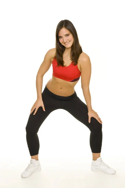 Mujer Joven Haciendo Ejercicios Fitness Con Pesas Aisladas Blanco — Foto de Stock