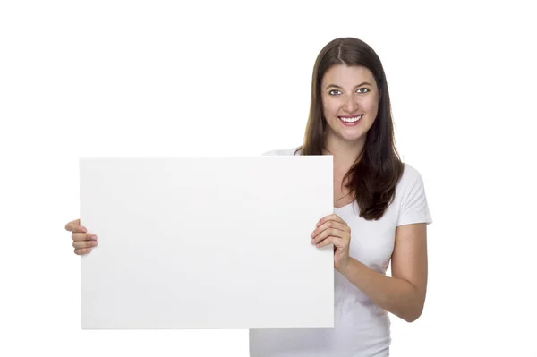 Junge Frau Hält Eine Plakatwand Der Hand — Stockfoto