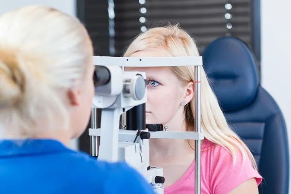 Optometry Concept Pretty Young Female Patient Having Her Eyes Examined Stock Picture