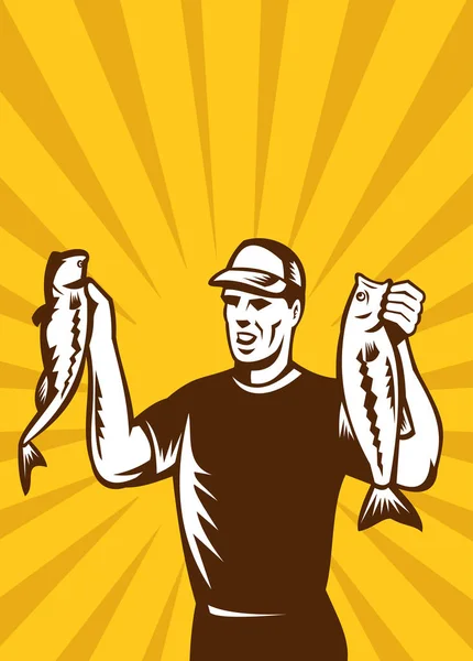 Ilustración Pescador Mosca Sosteniendo Captura Peces Bajos Con Sol Fondo — Foto de Stock