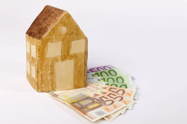 Casa Tallada Madera Billetes Banco Como Símbolo Para Construcción Casas — Foto de Stock