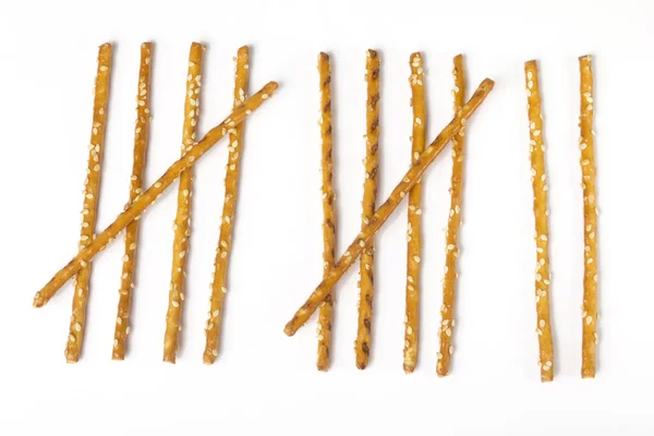 Tally Aangelegd Pretzel Sticks Witte Achtergrond — Stockfoto