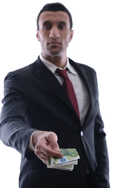 Portret Biznesmena Trzymającego Pieniądze Odizolowanego Białym — Zdjęcie stockowe