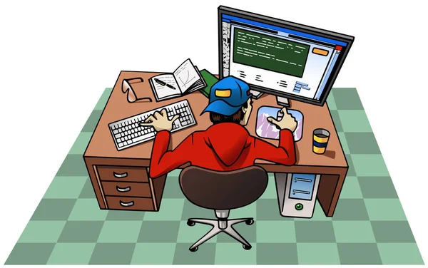 Kreslený Styl Obrázku Mladý Muž Nosí Kšiltovku Pracuje Svém Počítači — Stock fotografie